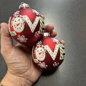 2 G&B Blown Glass Red Snowman Love 3" Ball Christmas Ornaments